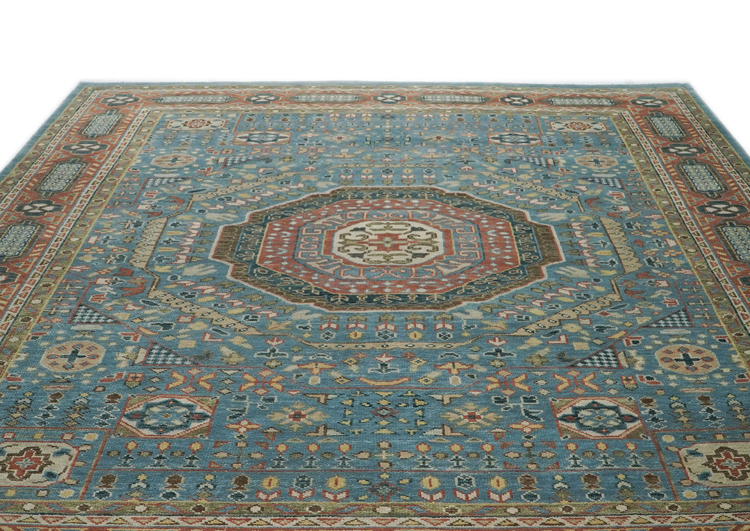 Palace Blue, Rust, Green Color Hand Knotted Oushak Wool Traditional Oriental Rug
