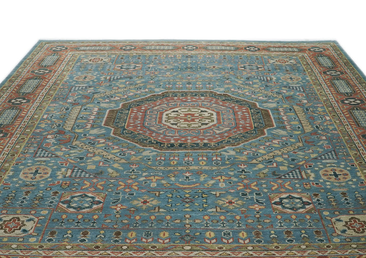 Palace Blue, Rust, Green Color Hand Knotted Oushak Wool Traditional Oriental Rug