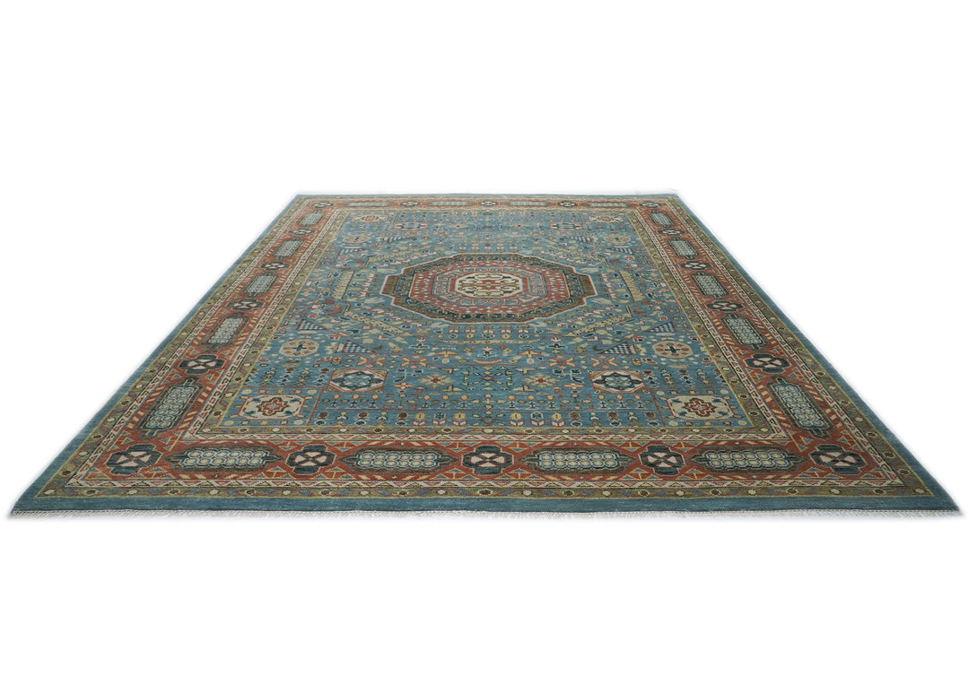 Palace Blue, Rust, Green Color Hand Knotted Oushak Wool Traditional Oriental Rug