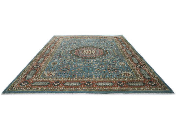 Palace Blue, Rust, Green Color Hand Knotted Oushak Wool Traditional Oriental Rug