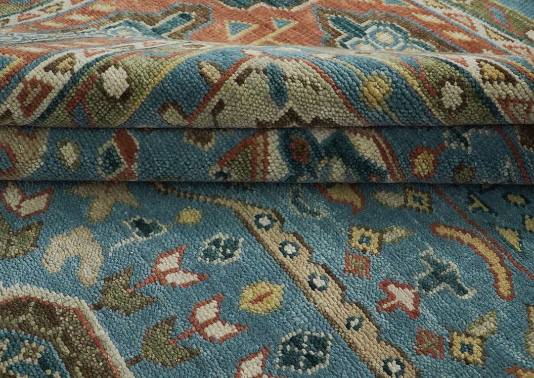 Palace Blue, Rust, Green Color Hand Knotted Oushak Wool Traditional Oriental Rug