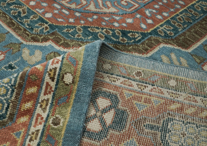 Palace Blue, Rust, Green Color Hand Knotted Oushak Wool Traditional Oriental Rug