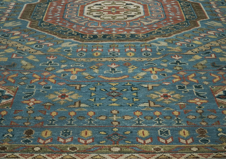 Palace Blue, Rust, Green Color Hand Knotted Oushak Wool Traditional Oriental Rug