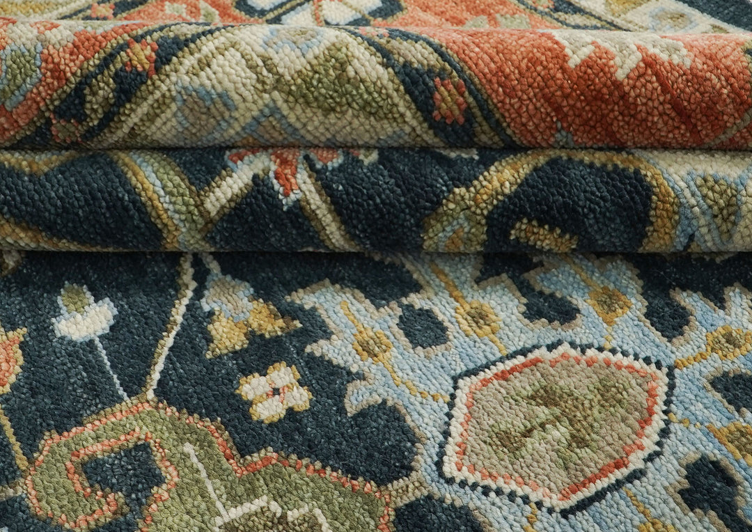 Palace Blue, Burnt Orange, Ivory Color Hand Knotted Oushak Wool  Oriental Rug