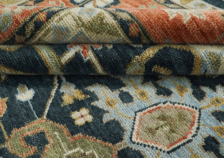 Palace Blue, Burnt Orange, Ivory Color Hand Knotted Oushak Wool  Oriental Rug