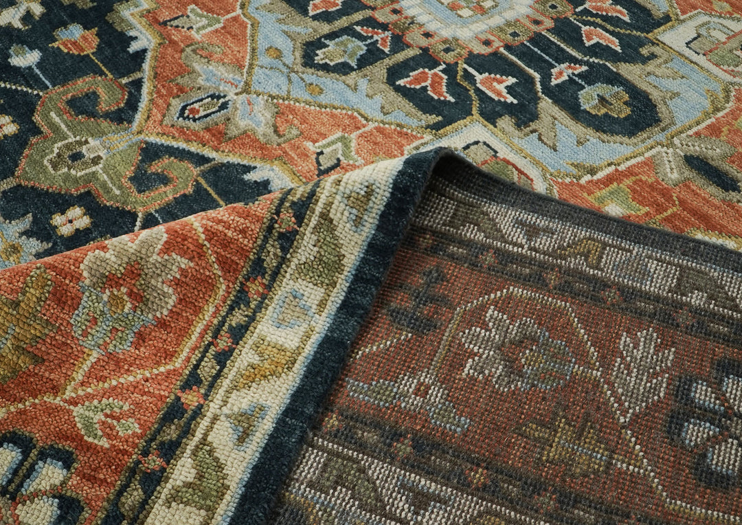 Palace Blue, Burnt Orange, Ivory Color Hand Knotted Oushak Wool  Oriental Rug