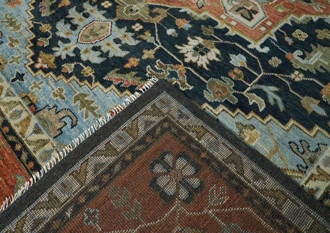 Palace Blue, Burnt Orange, Ivory Color Hand Knotted Oushak Wool  Oriental Rug