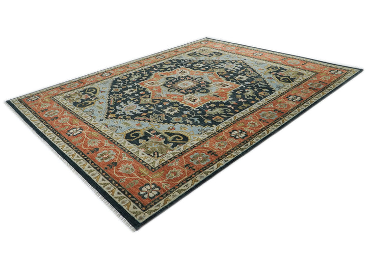 Palace Blue, Burnt Orange, Ivory Color Hand Knotted Oushak Wool  Oriental Rug