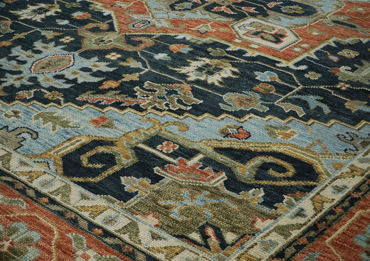 Palace Blue, Burnt Orange, Ivory Color Hand Knotted Oushak Wool  Oriental Rug
