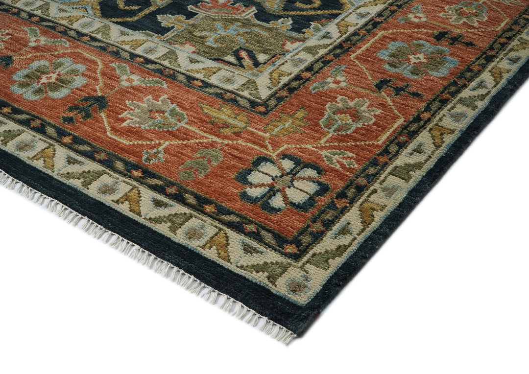 Palace Blue, Burnt Orange, Ivory Color Hand Knotted Oushak Wool  Oriental Rug