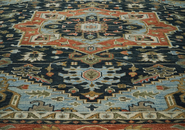 Palace Blue, Burnt Orange, Ivory Color Hand Knotted Oushak Wool  Oriental Rug
