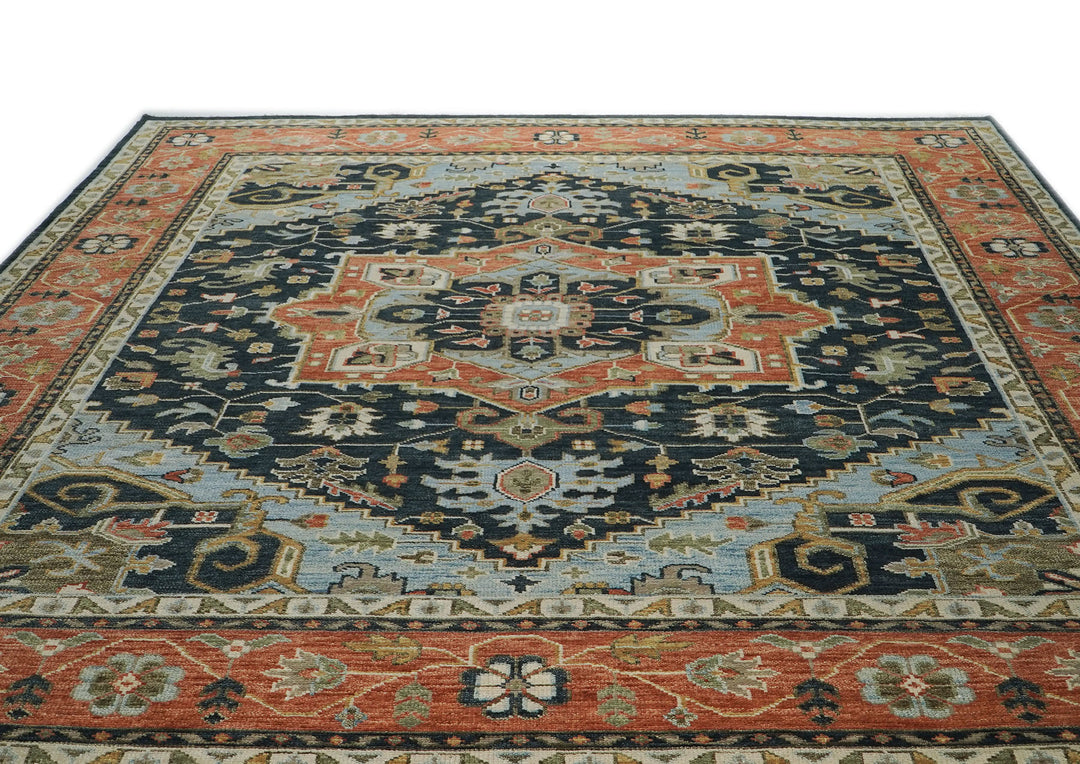 Palace Blue, Burnt Orange, Ivory Color Hand Knotted Oushak Wool  Oriental Rug