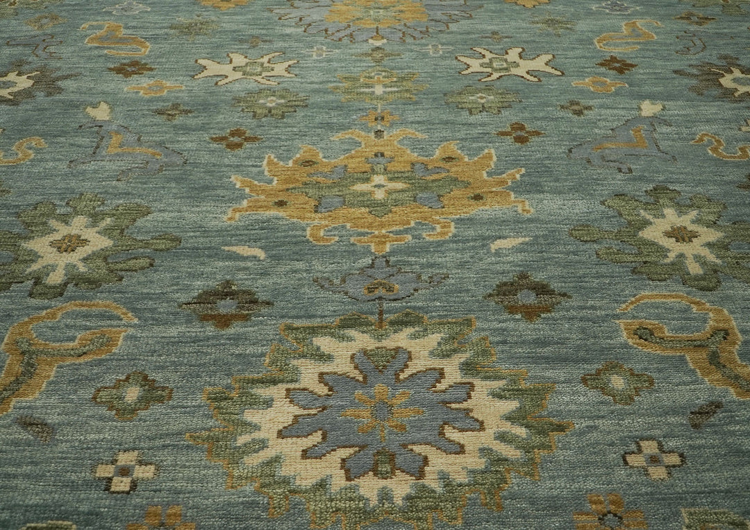 12x15 Blue, Beige, Gold Color Hand Knotted Oushak Wool Transitional Oriental Rug