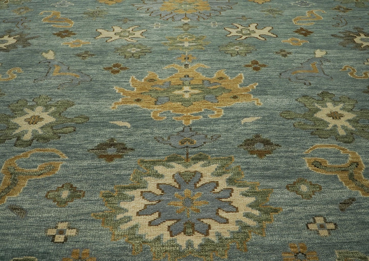 12x15 Blue, Beige, Gold Color Hand Knotted Oushak Wool Transitional Oriental Rug