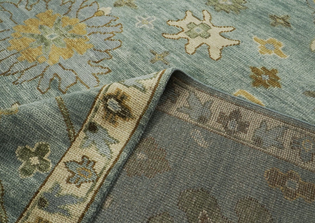 12x15 Blue, Beige, Gold Color Hand Knotted Oushak Wool Transitional Oriental Rug