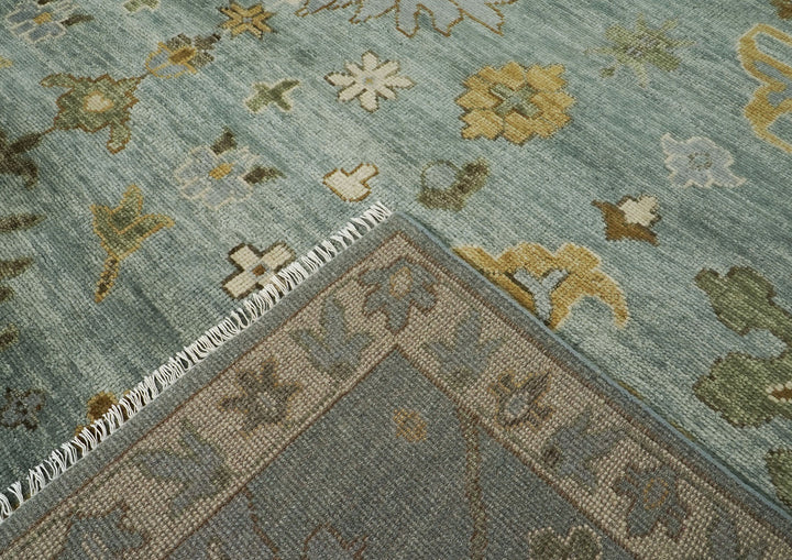 12x15 Blue, Beige, Gold Color Hand Knotted Oushak Wool Transitional Oriental Rug