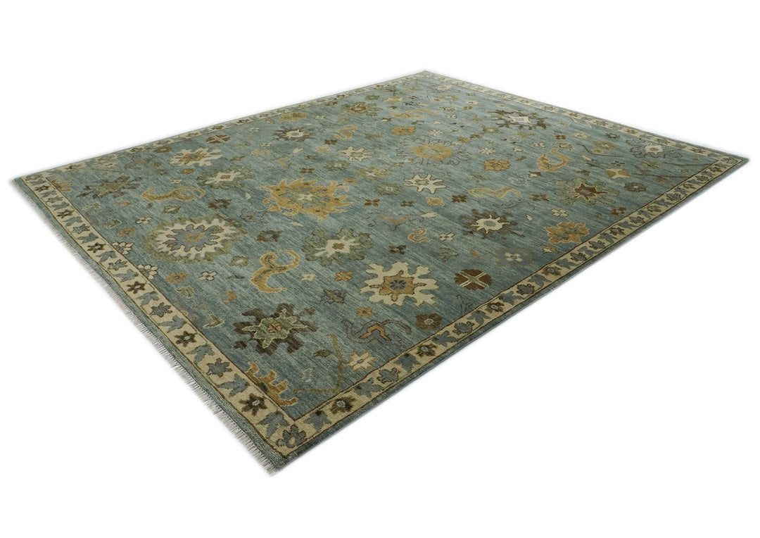 12x15 Blue, Beige, Gold Color Hand Knotted Oushak Wool Transitional Oriental Rug