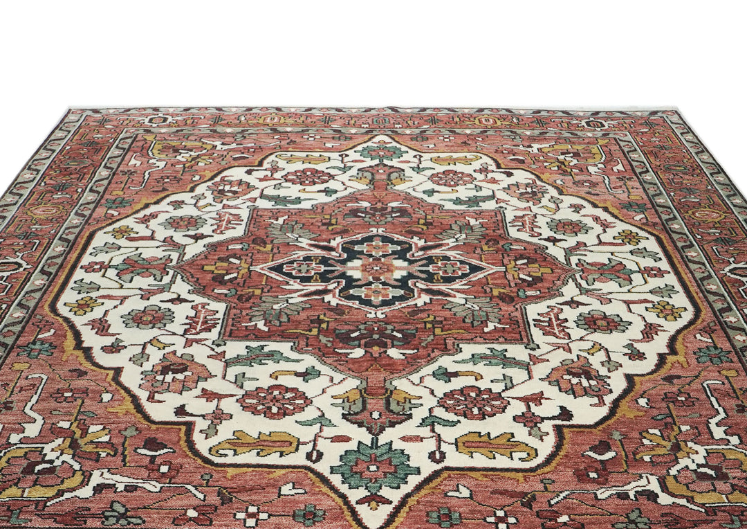 Palace Rose, Ivory, Brown Color Hand Knotted Oushak Wool  Oriental Rug