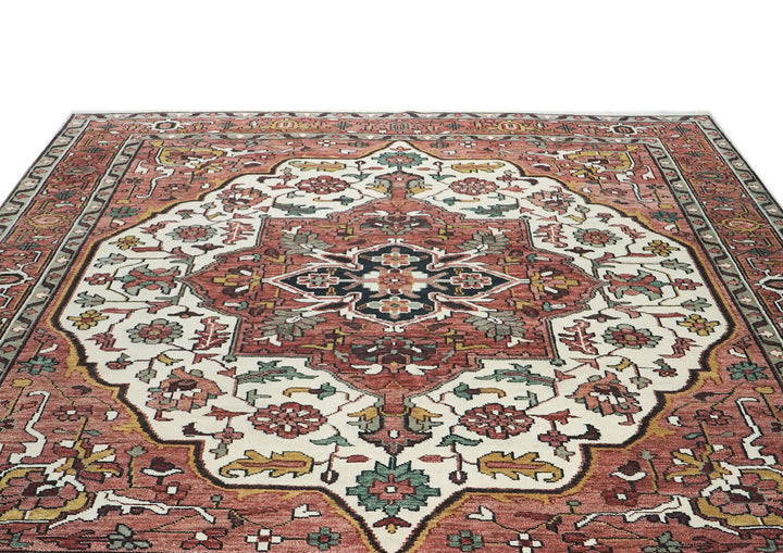 Palace Rose, Ivory, Brown Color Hand Knotted Oushak Wool  Oriental Rug
