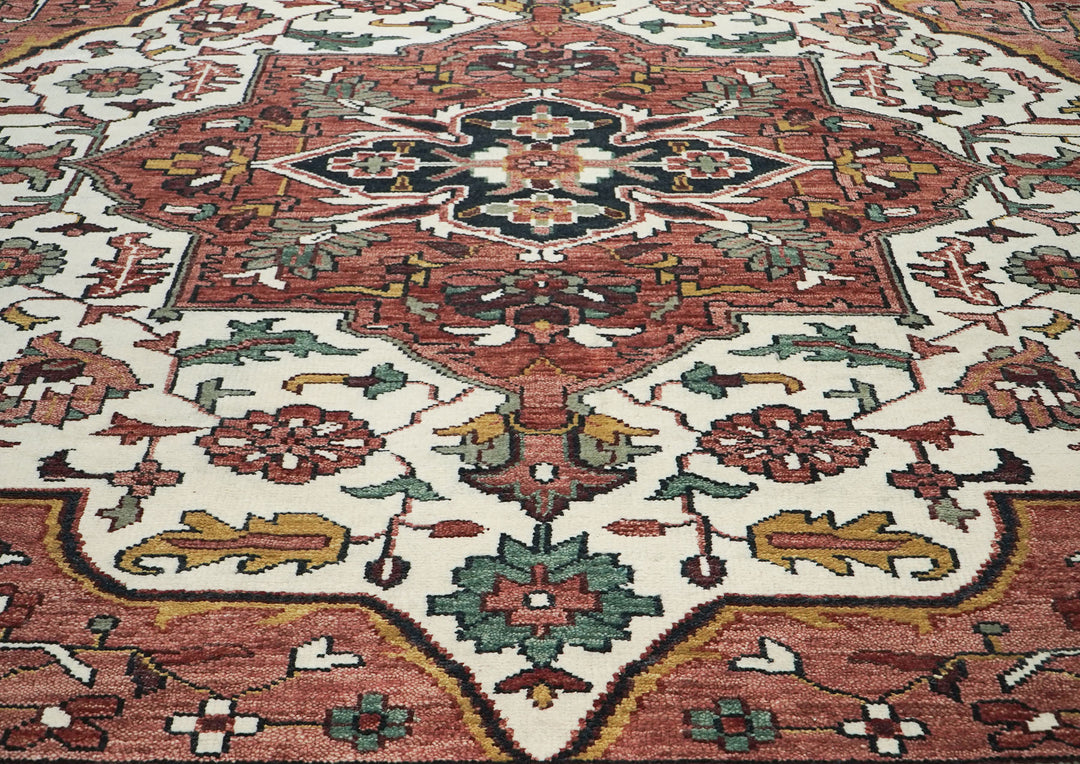 Palace Rose, Ivory, Brown Color Hand Knotted Oushak Wool  Oriental Rug