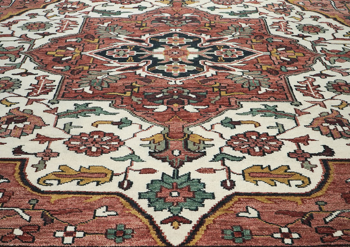 Palace Rose, Ivory, Brown Color Hand Knotted Oushak Wool  Oriental Rug