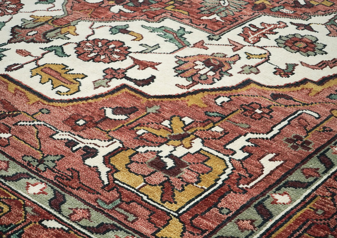 Palace Rose, Ivory, Brown Color Hand Knotted Oushak Wool  Oriental Rug