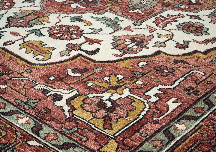 Palace Rose, Ivory, Brown Color Hand Knotted Oushak Wool  Oriental Rug
