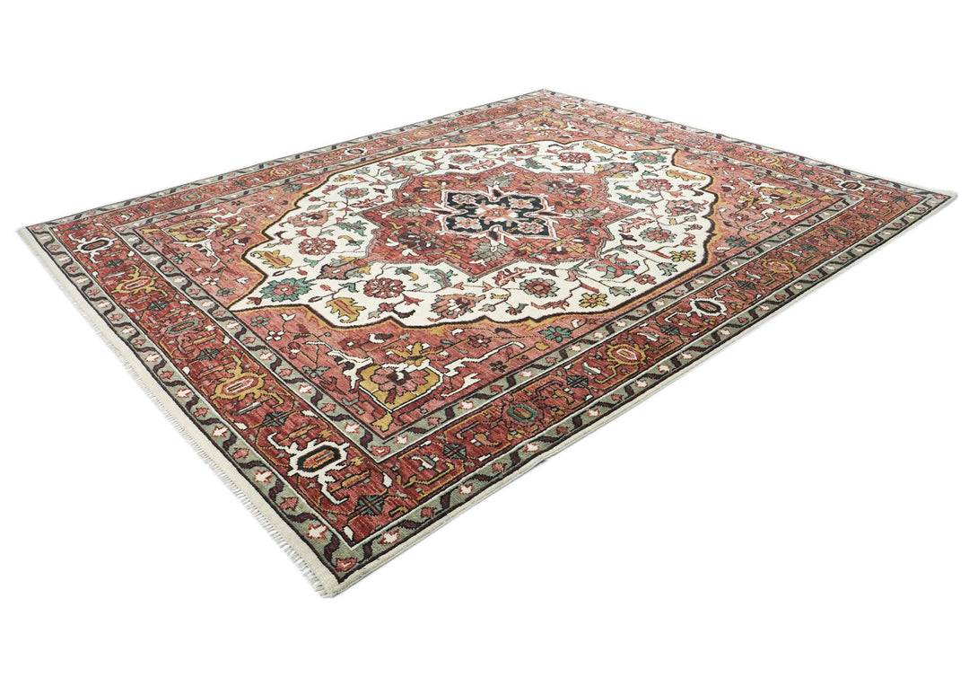 Palace Rose, Ivory, Brown Color Hand Knotted Oushak Wool  Oriental Rug