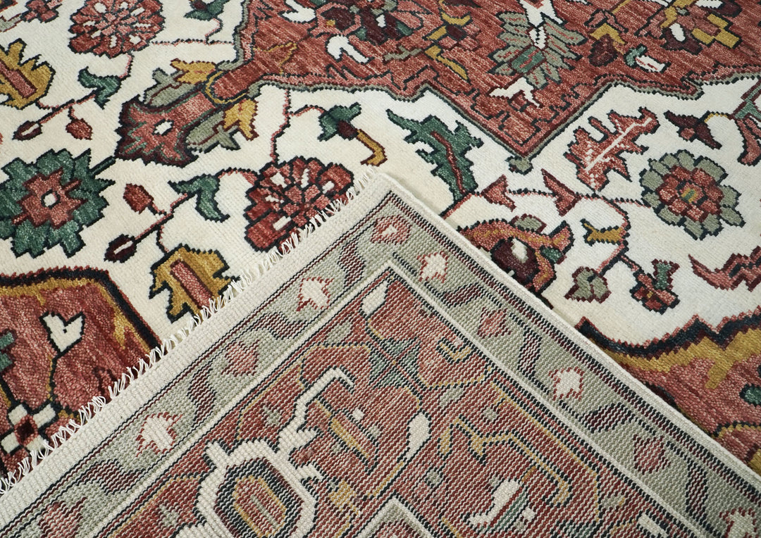 Palace Rose, Ivory, Brown Color Hand Knotted Oushak Wool  Oriental Rug