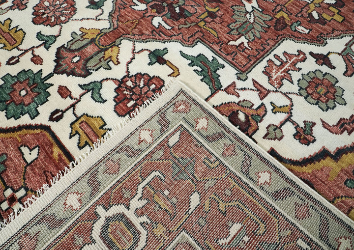Palace Rose, Ivory, Brown Color Hand Knotted Oushak Wool  Oriental Rug