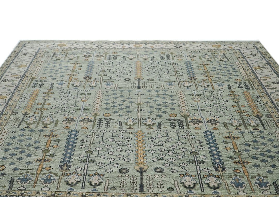 Palace Celadon, Beige, Tan Color Hand Knotted Oushak Wool Transitional Oriental Rug