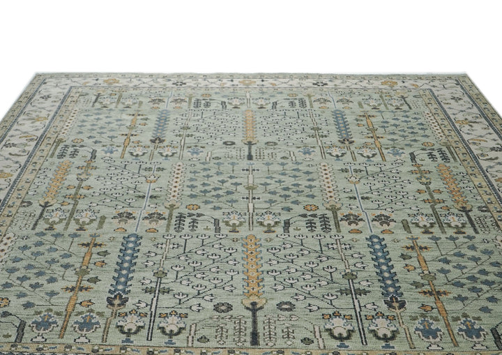 Palace Celadon, Beige, Tan Color Hand Knotted Oushak Wool Transitional Oriental Rug