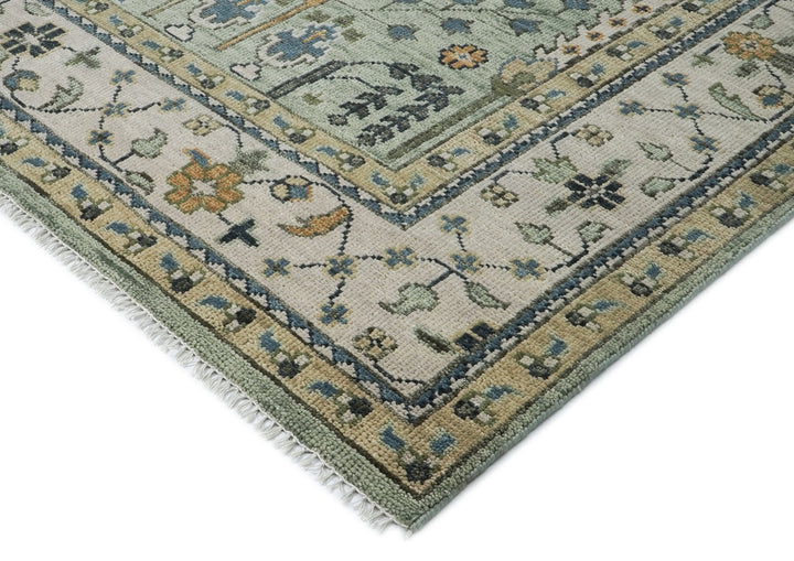 Palace Celadon, Beige, Tan Color Hand Knotted Oushak Wool Transitional Oriental Rug