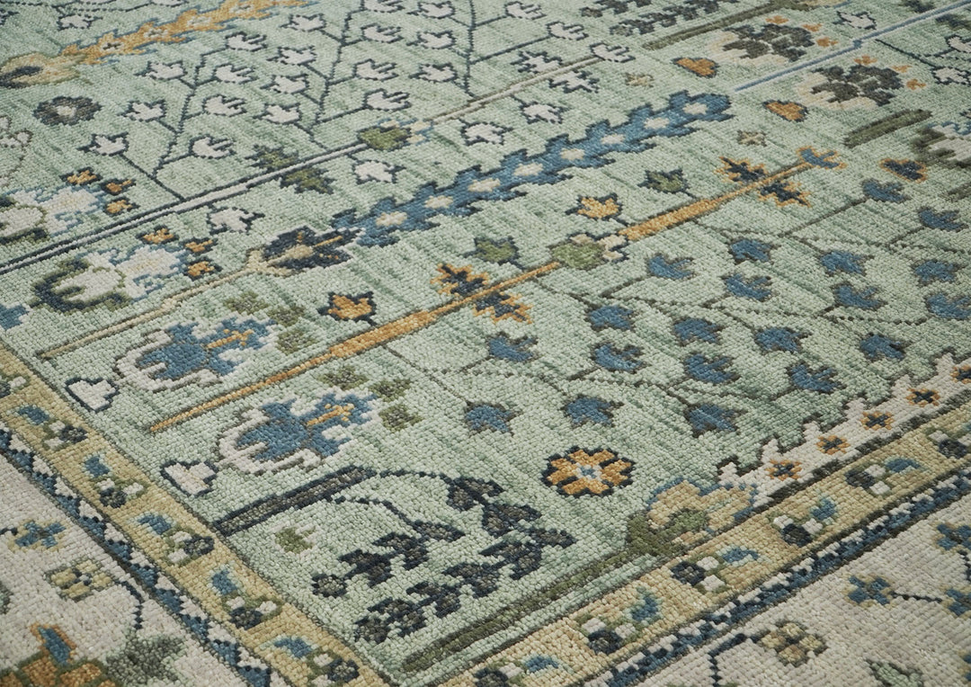 Palace Celadon, Beige, Tan Color Hand Knotted Oushak Wool Transitional Oriental Rug