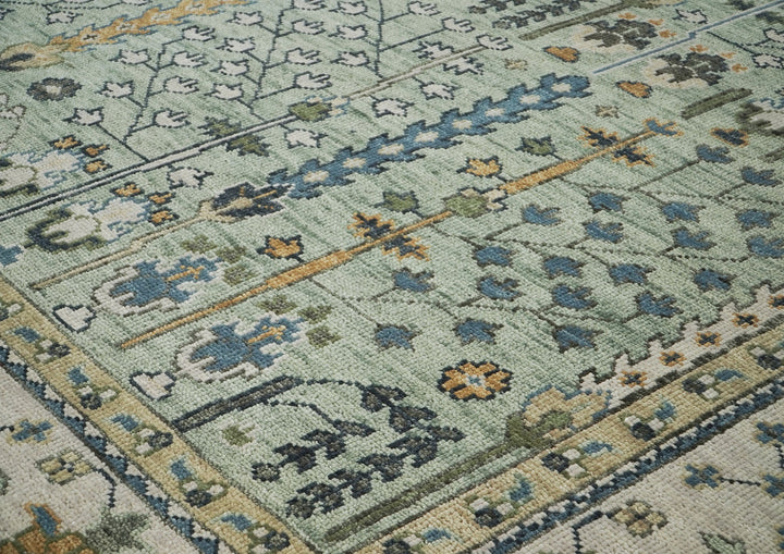 Palace Celadon, Beige, Tan Color Hand Knotted Oushak Wool Transitional Oriental Rug