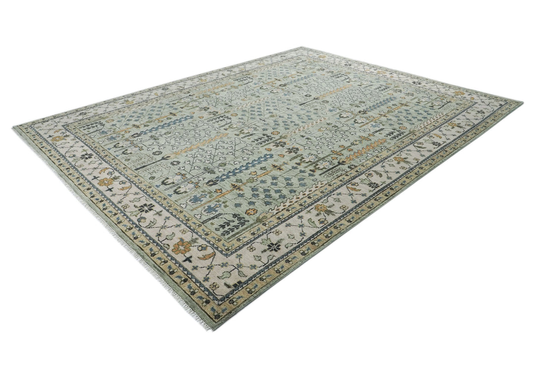 Palace Celadon, Beige, Tan Color Hand Knotted Oushak Wool Transitional Oriental Rug