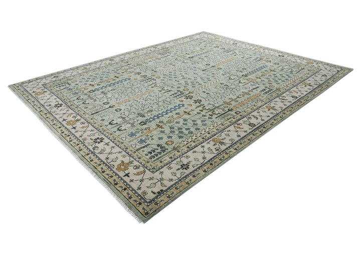 Palace Celadon, Beige, Tan Color Hand Knotted Oushak Wool Transitional Oriental Rug