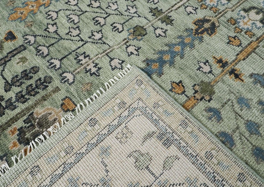 Palace Celadon, Beige, Tan Color Hand Knotted Oushak Wool Transitional Oriental Rug