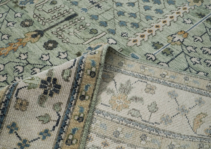Palace Celadon, Beige, Tan Color Hand Knotted Oushak Wool Transitional Oriental Rug
