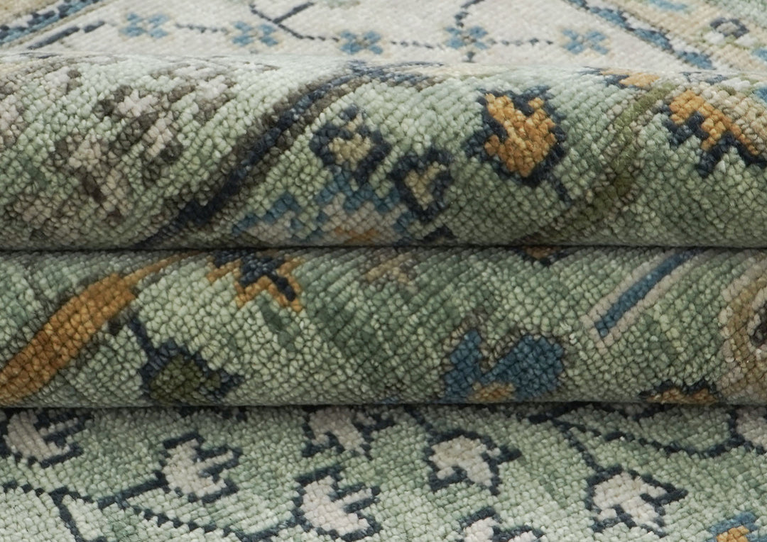 Palace Celadon, Beige, Tan Color Hand Knotted Oushak Wool Transitional Oriental Rug