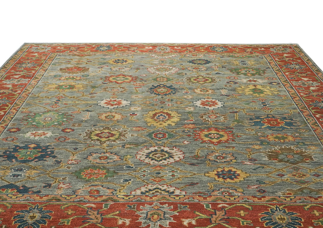 Palace Blue, Gray, Burnt Orange Color Hand Knotted Oushak Wool  Oriental Rug