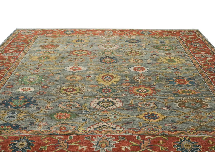 Palace Blue, Gray, Burnt Orange Color Hand Knotted Oushak Wool  Oriental Rug