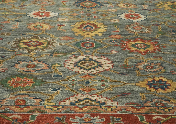 Palace Blue, Gray, Burnt Orange Color Hand Knotted Oushak Wool  Oriental Rug