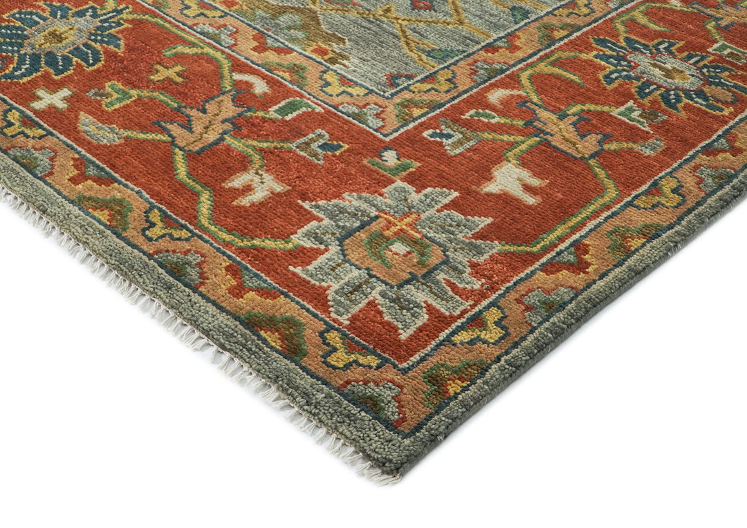 Palace Blue, Gray, Burnt Orange Color Hand Knotted Oushak Wool  Oriental Rug