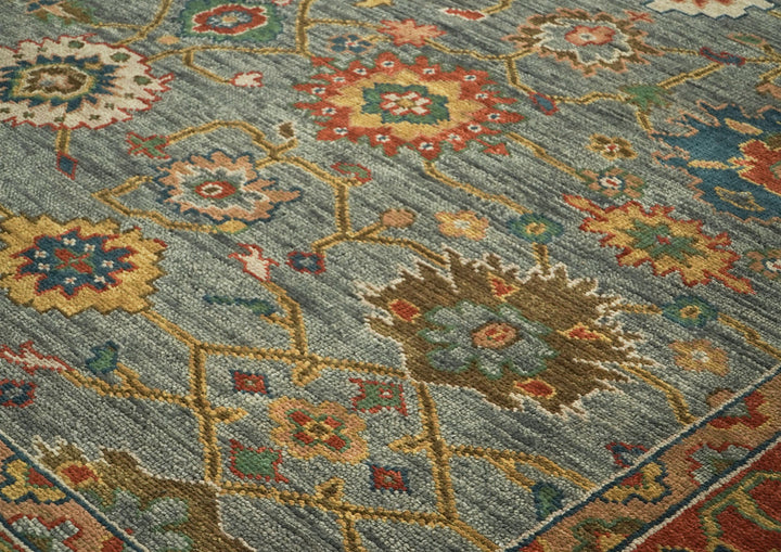 Palace Blue, Gray, Burnt Orange Color Hand Knotted Oushak Wool  Oriental Rug