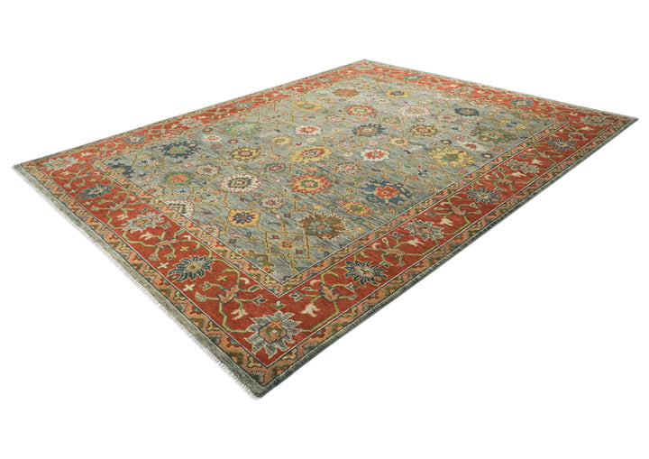 Palace Blue, Gray, Burnt Orange Color Hand Knotted Oushak Wool  Oriental Rug