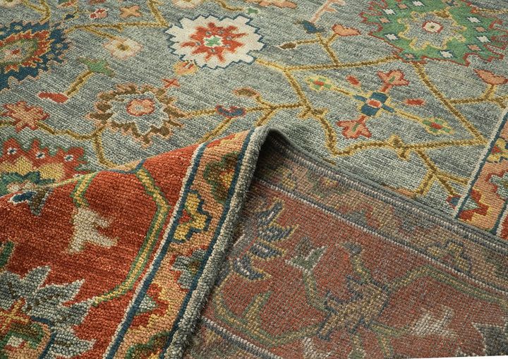 Palace Blue, Gray, Burnt Orange Color Hand Knotted Oushak Wool  Oriental Rug