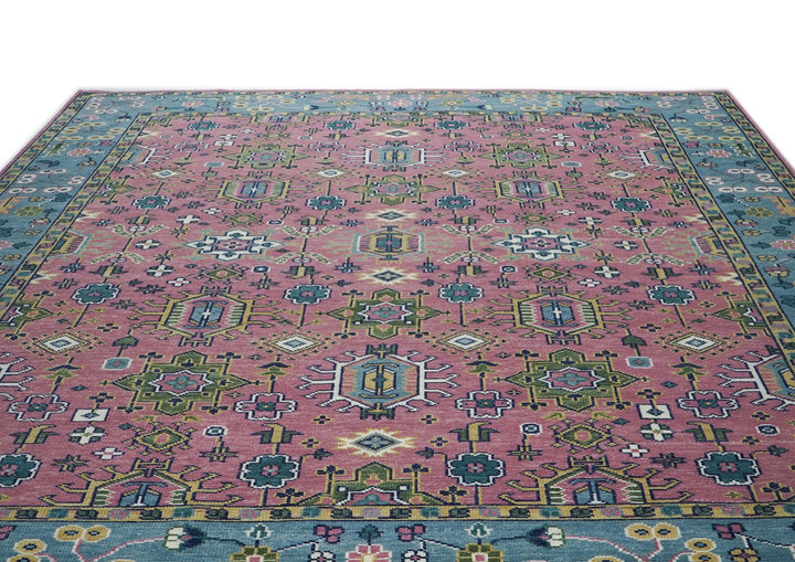 12x15 Pink, Blue, Lime Color Hand Knotted Oushak Wool Transitional Oriental Rug