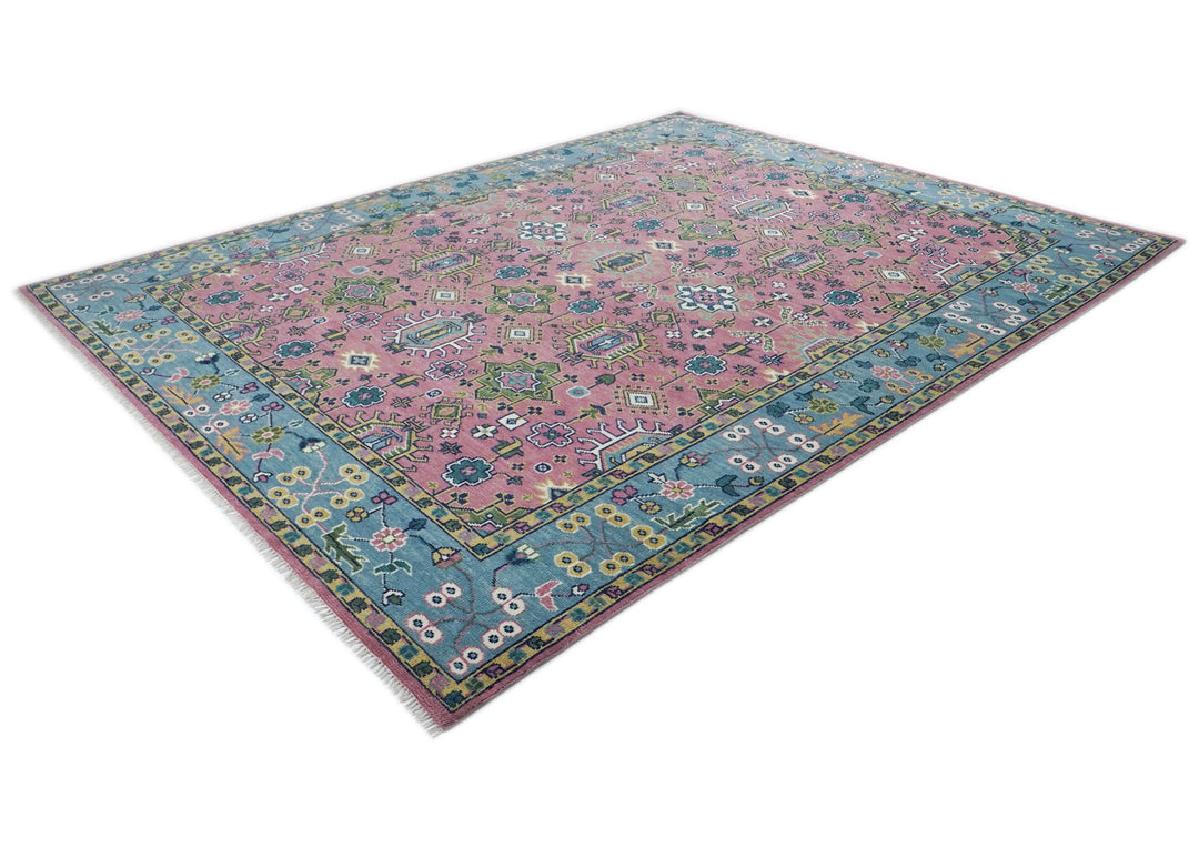 12x15 Pink, Blue, Lime Color Hand Knotted Oushak Wool Transitional Oriental Rug