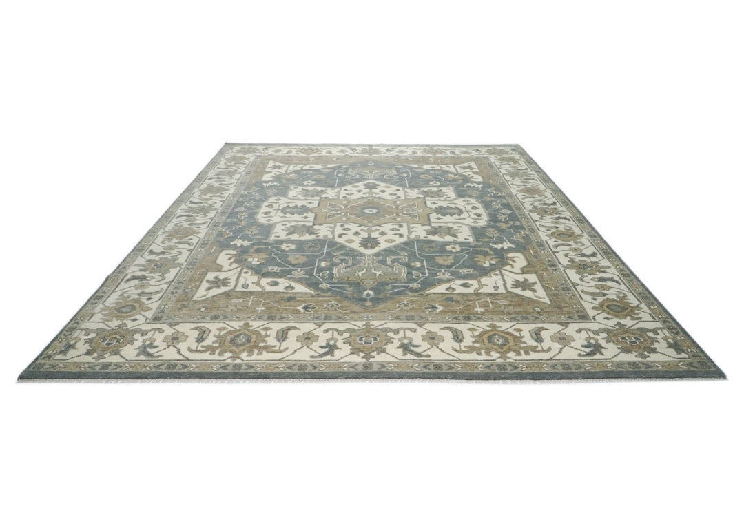 Palace Slate, Ivory, Beige Color Hand Knotted Oushak Wool  Oriental Rug